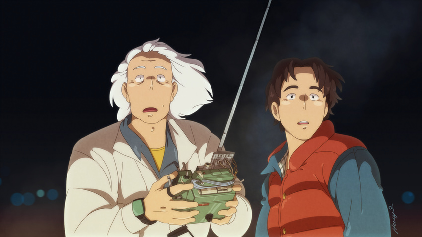 2boys back_to_the_future brown_hair controller emmett_brown gorillaprutt marty_mcfly multiple_boys parody radio_antenna remote_control studio_ghibli style_parody watch white_hair