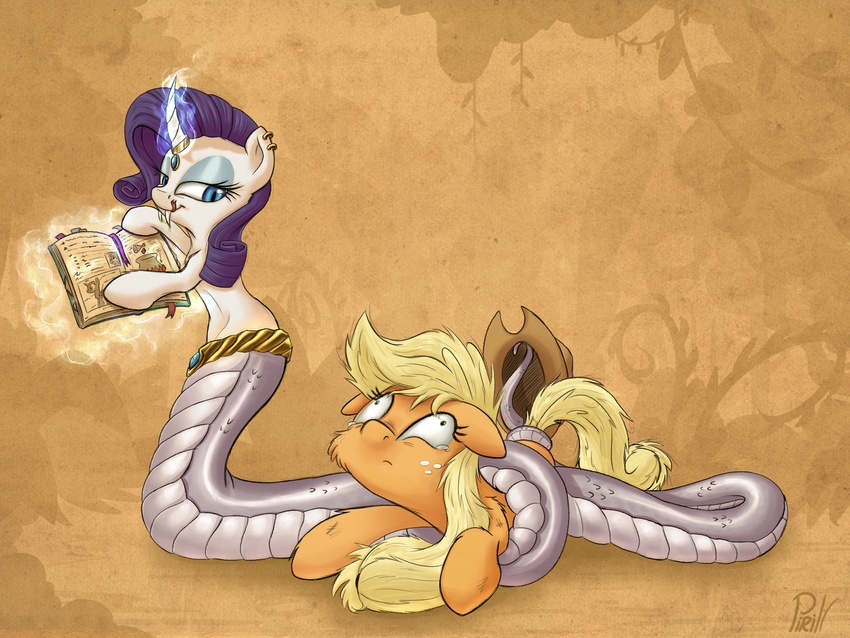 2015 applejack_(mlp) blonde_hair blue_eyes book coiling cowboy_hat equine eyeshadow fangs female forked_tongue freckles friendship_is_magic fur glowing hair hat horn horse hybrid imminent_vore jewelry lamia levitation licking licking_lips magic makeup mammal my_little_pony naga piercing pirill pirill-poveniy pony purple_hair rarity_(mlp) simple_background slit_pupils smile tears tongue tongue_out unicorn vore