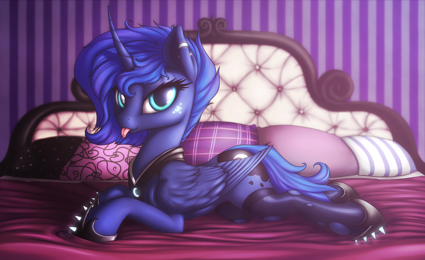 2015 bed blue_hair clothing cutie_mark ear_piercing equine feathered_wings feathers female feral friendship_is_magic fshydale hair horn inside legwear looking_at_viewer mammal my_little_pony on_bed piercing pillow princess_luna_(mlp) solo tongue tongue_out winged_unicorn wings