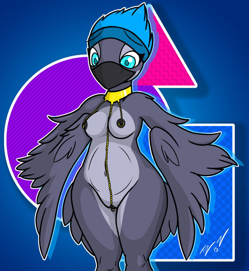 2015 anthro areola avian beak bird breasts feathered_wings feathers female fionthebunny hair hi_res navel nipples nude piercing pussy simple_background teal_eyes wide_hips wings