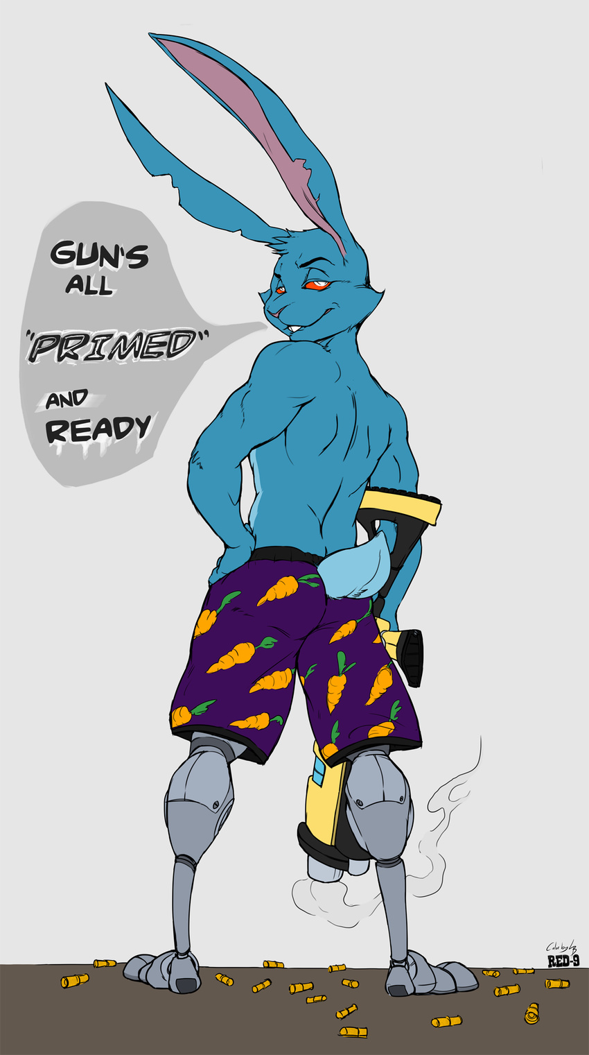 anthro back blackjack_o'hare blue_fur boxers_(clothing) buckteeth bullet carrot clothed clothing from_behind fur guardians_of_the_galaxy gun half-dressed lagomorph looking_at_viewer looking_back male mammal marvel pinup pose prosthetic prosthetic_leg rabbit ranged_weapon red-9 red_eyes teeth toned topless underwear weapon