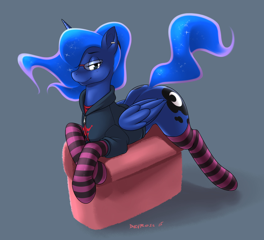 2015 blue_hair clothing cutie_mark devo87 ear_piercing equine eyewear female feral friendship_is_magic glasses hair hoodie horn legwear long_hair looking_at_viewer mammal my_little_pony piercing princess_luna_(mlp) smile socks sofa solo winged_unicorn wings