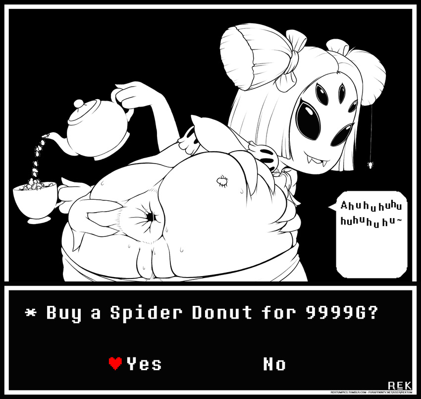 1girl 2015 anthro anus arachnid arthropod ass butt extra_arms extra_eyes fake_screenshot fangs female from_behind grin looking_at_viewer looking_back monochrome monster_girl muffet multi_limb multiple_eyes pigtails puffy_short_sleeves pussy rektum short_twintails solo spider spider_girl spread_anus spreading sweat undertale video_games