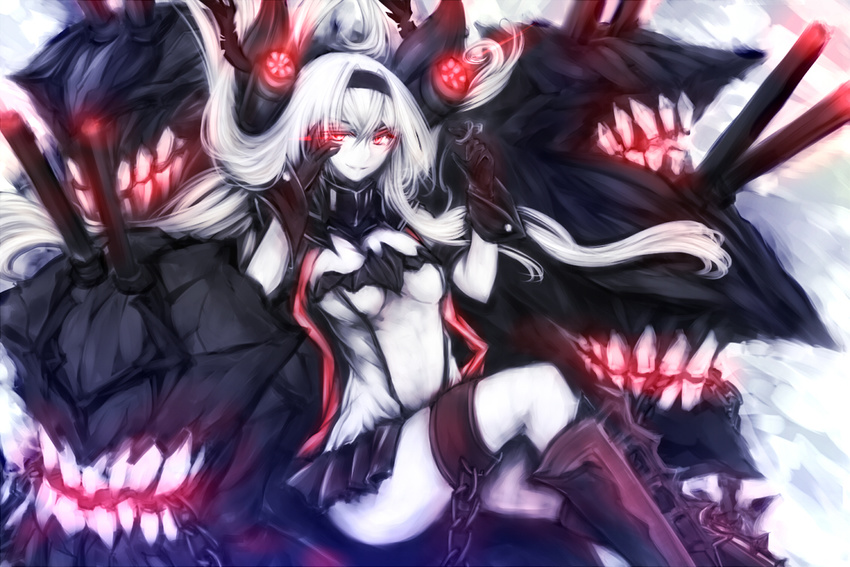 acryl air_defense_hime black_gloves black_panties breasts cleavage gloves headband headgear kantai_collection large_breasts long_hair looking_at_viewer machinery panties red_eyes shinkaisei-kan sitting smile solo turret underwear white_hair white_skin