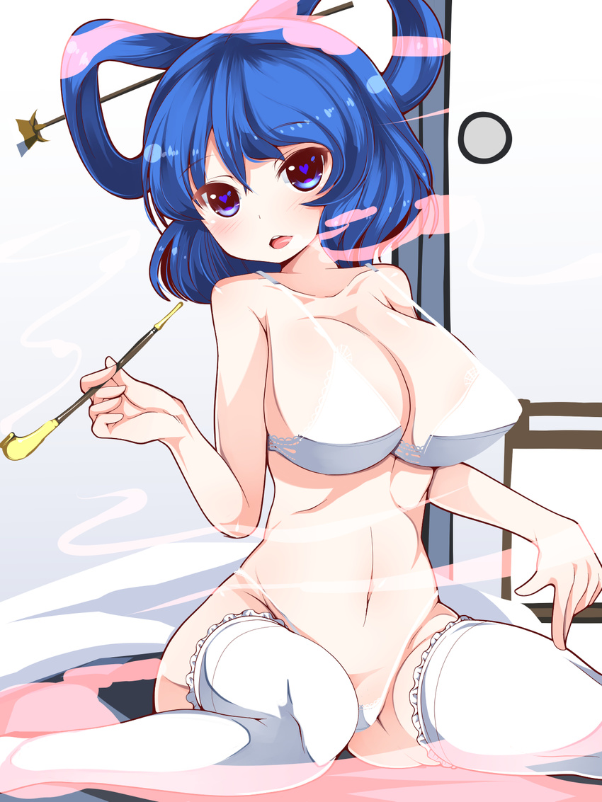 blue_eyes blue_hair blush bra breasts commentary_request doku_corne hair_ornament hair_rings hair_stick heart heart-shaped_pupils highres kaku_seiga kiseru large_breasts lingerie looking_at_viewer midriff navel open_mouth pipe short_hair sitting smile smoke smoking solo symbol-shaped_pupils thighhighs thong touhou underwear white_legwear