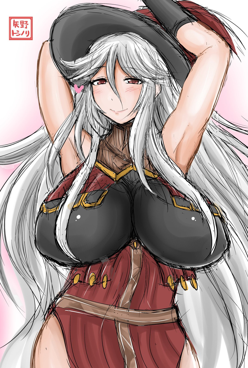 armpits arms_up bangs bodice breasts commentary_request dress granblue_fantasy grey_hair hat heart highres huge_breasts long_hair long_sleeves looking_at_viewer magisa_(granblue_fantasy) purple_eyes smile solo very_long_hair witch_hat yano_toshinori