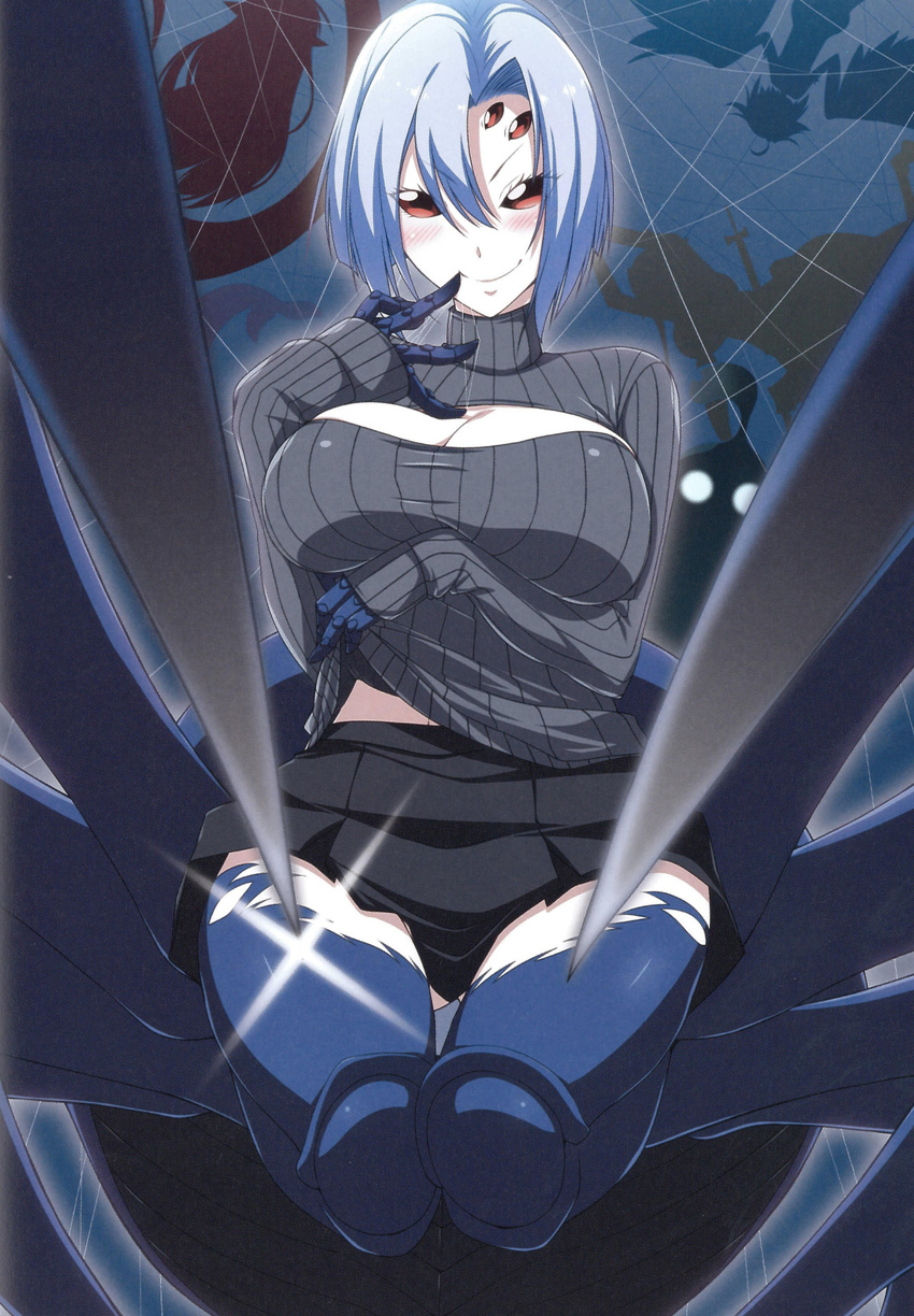 1girl arachne artist_request black_skirt blush breasts cameo centorea_shianus cleavage extra_ears finger_to_mouth highres insect_girl large_breasts looking_at_viewer meroune_lorelei miia_(monster_musume) monster_girl monster_musume_no_iru_nichijou multiple_legs open-chest_sweater papi_(monster_musume) rachnera_arachnera red_eyes ribbed_sweater short_hair silhouette silver_hair skirt smile solo solo_focus spider_girl suu_(monster_musume) sweater turtleneck