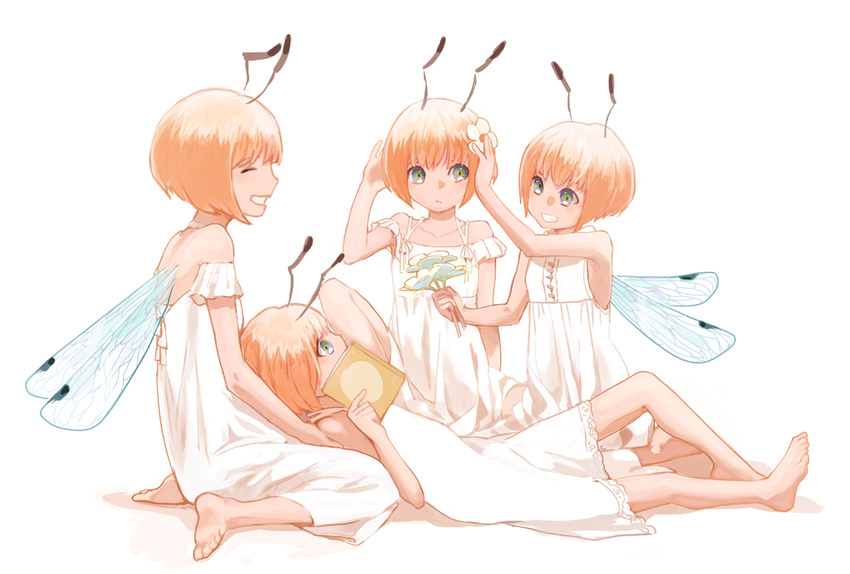 ^_^ antennae aqua_eyes bare_shoulders barefoot book closed_eyes dress flower full_body grin hair_flower hair_ornament insect_wings lap_pillow lying multiple_girls on_back orange_hair original quadruplets shadow short_hair simple_background sitting smile tukasac wariza white_background wings