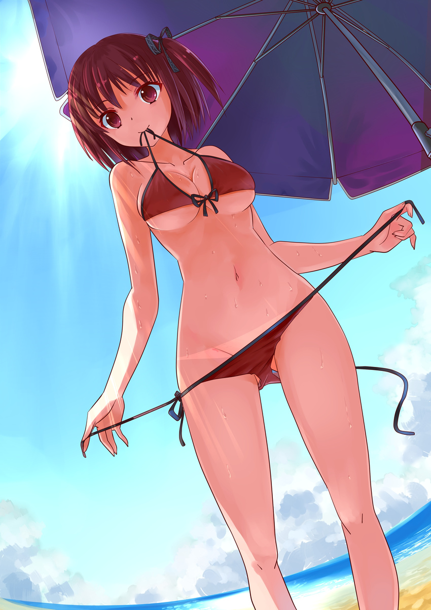 absurdres bare_shoulders beach beach_umbrella bikini breasts cleavage cloud collarbone day dutch_angle fingernails fisheye from_below front-tie_top hair_ribbon highres kakuno large_breasts long_fingernails looking_at_viewer mouth_hold navel one_side_up original outdoors red_bikini red_eyes red_hair ribbon short_hair side-tie_bikini sky smile solo string_bikini sun swimsuit tan tanline twintails umbrella underboob untied untied_bikini wet