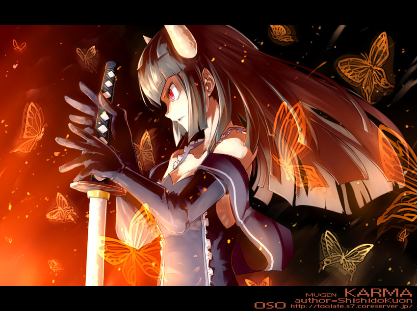 black_hair breasts bug butterfly character_name cleavage copyright_name elbow_gloves gloves horns insect karma_(mugen) katana long_hair looking_away m.u.g.e.n oso_(toolate) parted_lips red_eyes small_breasts solo sword watermark weapon web_address wind