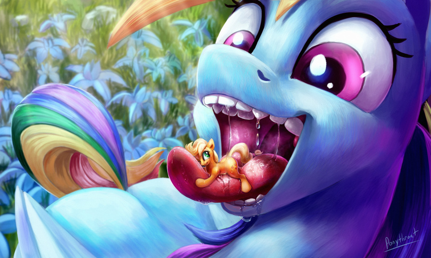 2015 applejack_(mlp) blonde_hair cutie_mark drooling duo earth_pony equine female feral friendship_is_magic green_eyes hair hi_res horse lying mammal micro multicolored_hair my_little_pony on_front one_eye_closed open_mouth outside pegasus pony ponythroat rainbow_dash_(mlp) rainbow_hair saliva teeth tongue tongue_out vore wings