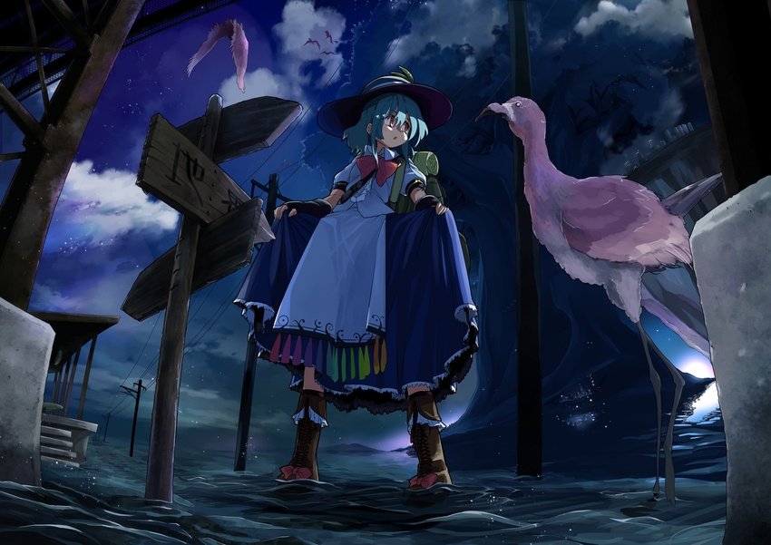 backpack bag bird blue_hair boots bow cloud cloudy_sky cross-laced_footwear flamingo hat highres hinanawi_tenshi night night_sky red_eyes sign sky solo thick_eyebrows touhou waira