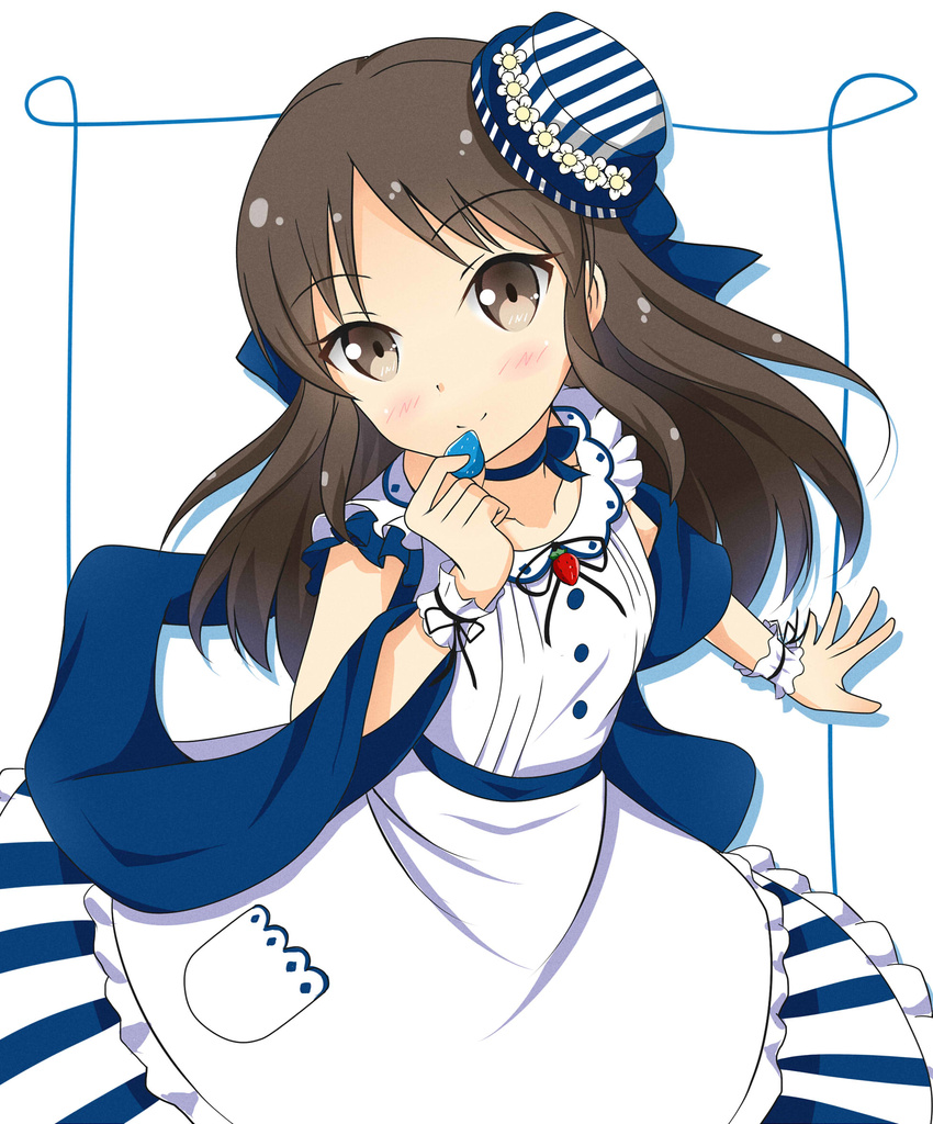 bow brown_eyes brown_hair hair_bow hat highres idolmaster idolmaster_cinderella_girls kochiya_hizuki long_hair md5_mismatch smile solo striped tachibana_arisu