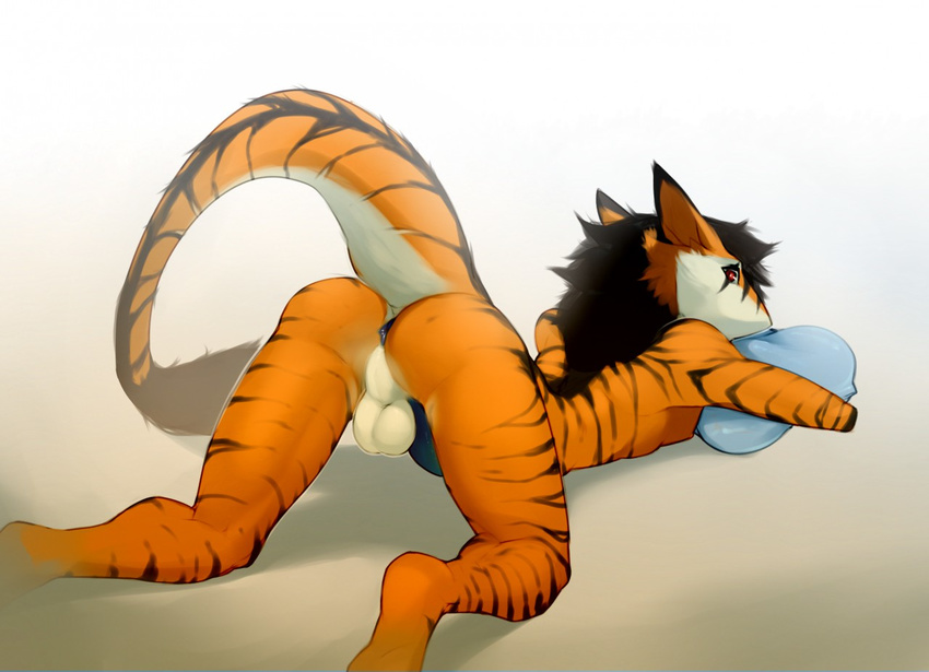 2015 anthro anus ass_up backsack balls butt endymion fur hair looking_at_viewer looking_back lost-paw lying male mammal nude on_front orange_fur penis perineum pillow pillow_hug presenting presenting_hindquarters raised_tail rear_view red_eyes sergal solo stripes