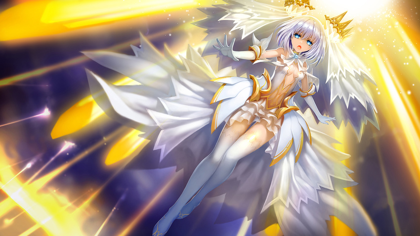 :o bangs blue_eyes brooch cleavage_cutout date_a_live dress dutch_angle flying frills gloves highres jewelry outstretched_arms short_hair silver_hair sky sleeveless solo spoilers spread_arms thighhighs tobiichi_origami veil white_dress white_gloves white_legwear zhuore_zhi_hen