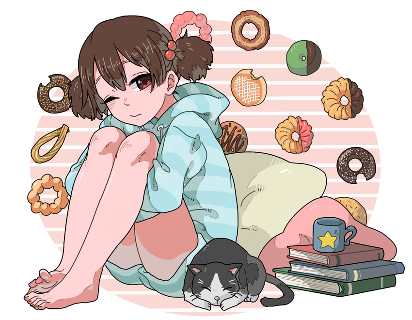 barefoot book brown_eyes brown_hair casual cat cup doughnut food highres k-on! mug pillow short_hair solo suzuki_jun twintails yuuho