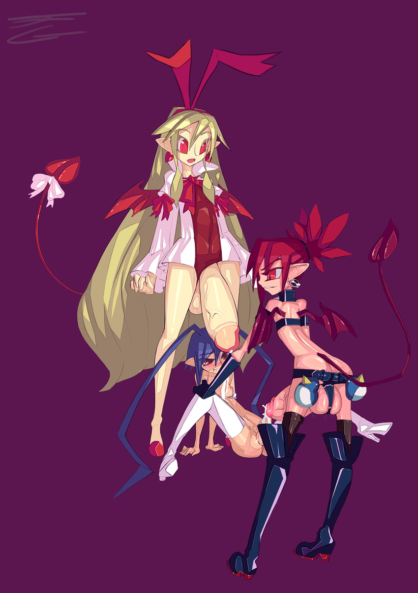 ahegao ambiguous_gender balls big_balls blush crossdressing demon demon_boy demon_wings disgaea etna female flonne girly group group_sex high_heel_boots high_heels huge_balls hyper hyper_balls hyper_penis intersex intersex/male laharl male necrosmos penis red_eyes sex spade_tail threesome trap