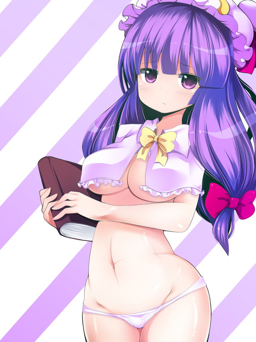 book bow breasts capelet crescent doku_corne hair_bow hat highres large_breasts long_hair lowleg lowleg_panties navel panties patchouli_knowledge purple_eyes purple_hair shiny shiny_skin solo striped striped_background touhou underboob underwear