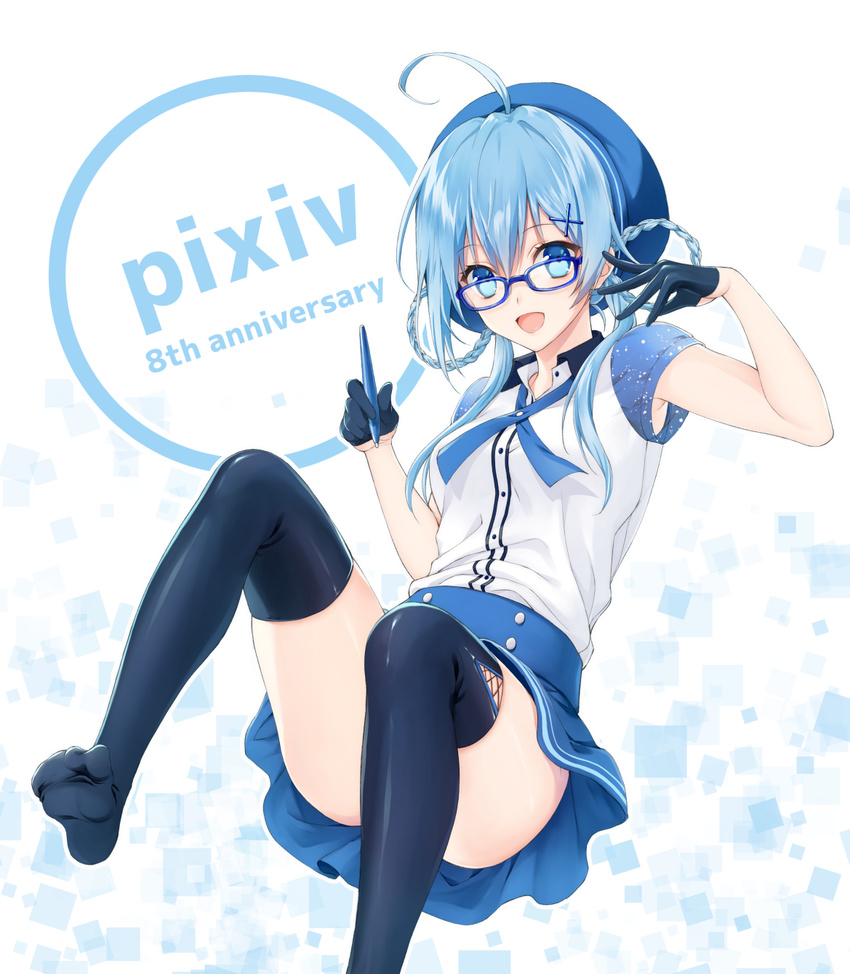 ahoge anniversary black_gloves black_legwear blue_eyes blue_hair blue_skirt convenient_censoring feet glasses gloves hair_ornament hair_rings hairclip hat highres holding_stylus looking_at_viewer open_mouth pixiv pixiv-tan sitting skirt solo stylus thighhighs tokki