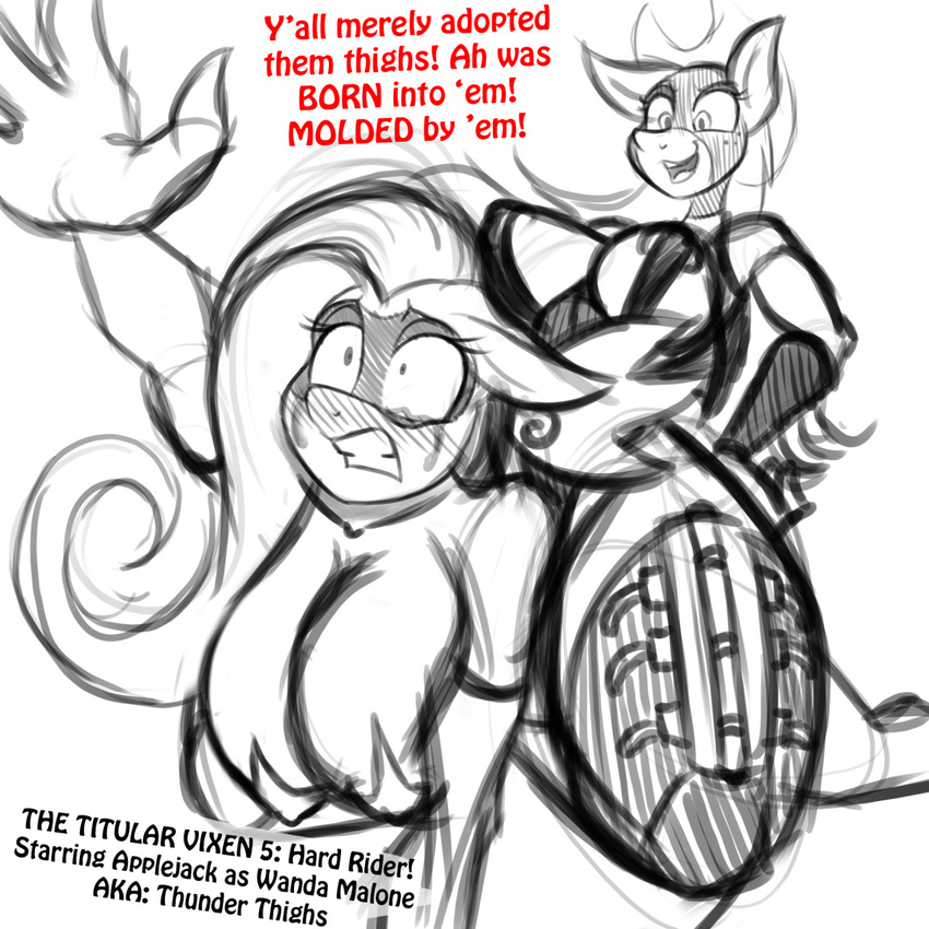 2015 anthro anthrofied applejack_(mlp) areola big_thighs blush cleavage clothed clothing costume cowboy_hat dialogue duo english_text equine fantasy female fluttershy_(mlp) freckles friendship_is_magic hat horse jrvanesbroek mammal mask monochrome my_little_pony pasties pegasus pony sitting sketch superhero supervillain tears text thick_thighs wings