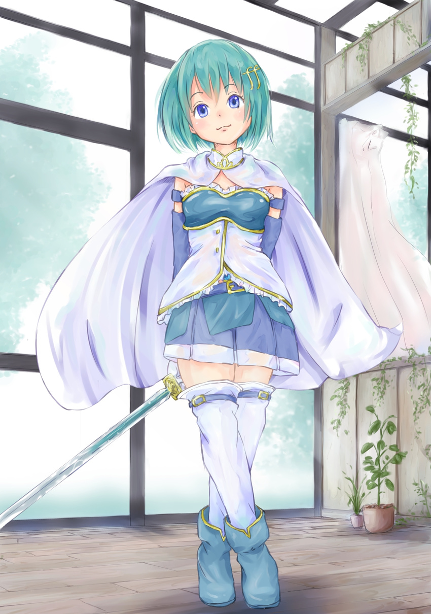 :3 blue_eyes blue_hair cape crossed_legs fortissimo fortissimo_hair_ornament hair_ornament hairclip highres mahou_shoujo_madoka_magica mahou_shoujo_madoka_magica_movie miki_sayaka shironeko short_hair skirt smile solo soul_gem sword thighhighs watson_cross weapon