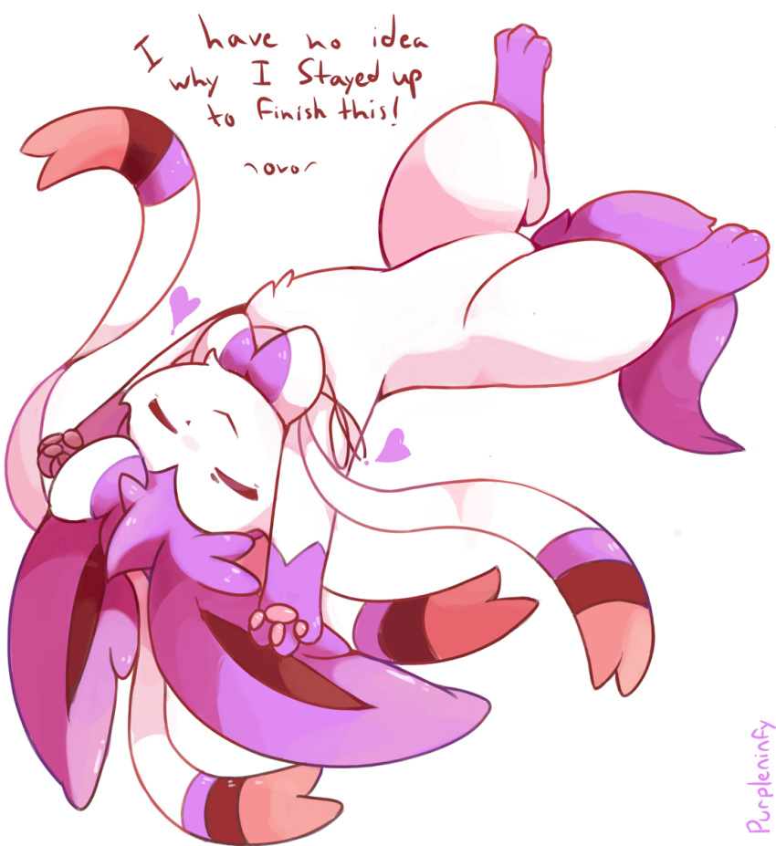 artist_name bow closed_eyes commentary emoticon english heart highres lying no_humans on_back paws pokemon pokemon_(creature) purpleninfy ribbon simple_background stretch sylveon white_background