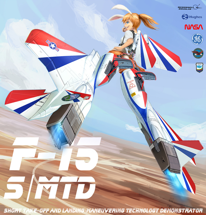airbrake animal_ears blue_eyes breasts bunny bunny_ears canards charlotte_e_yeager cloud commentary_request day f-15_eagle f-15s/mtd hand_on_hip highres long_hair looking_back military nasa_logo older orange_hair ponytail shirt sky small_breasts solo spirit_chiasma strike_witches striker_unit t-shirt tail us_air_force white_shirt wings world_witches_series