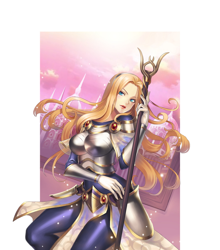 absurdres blonde_hair blue_eyes bodysuit boobplate breastplate breasts capelet dress gloves hairband highres large_breasts league_of_legends lipstick long_hair luxanna_crownguard makeup md5_mismatch pan_duo_la pantyhose skirt sky solo staff white_gloves