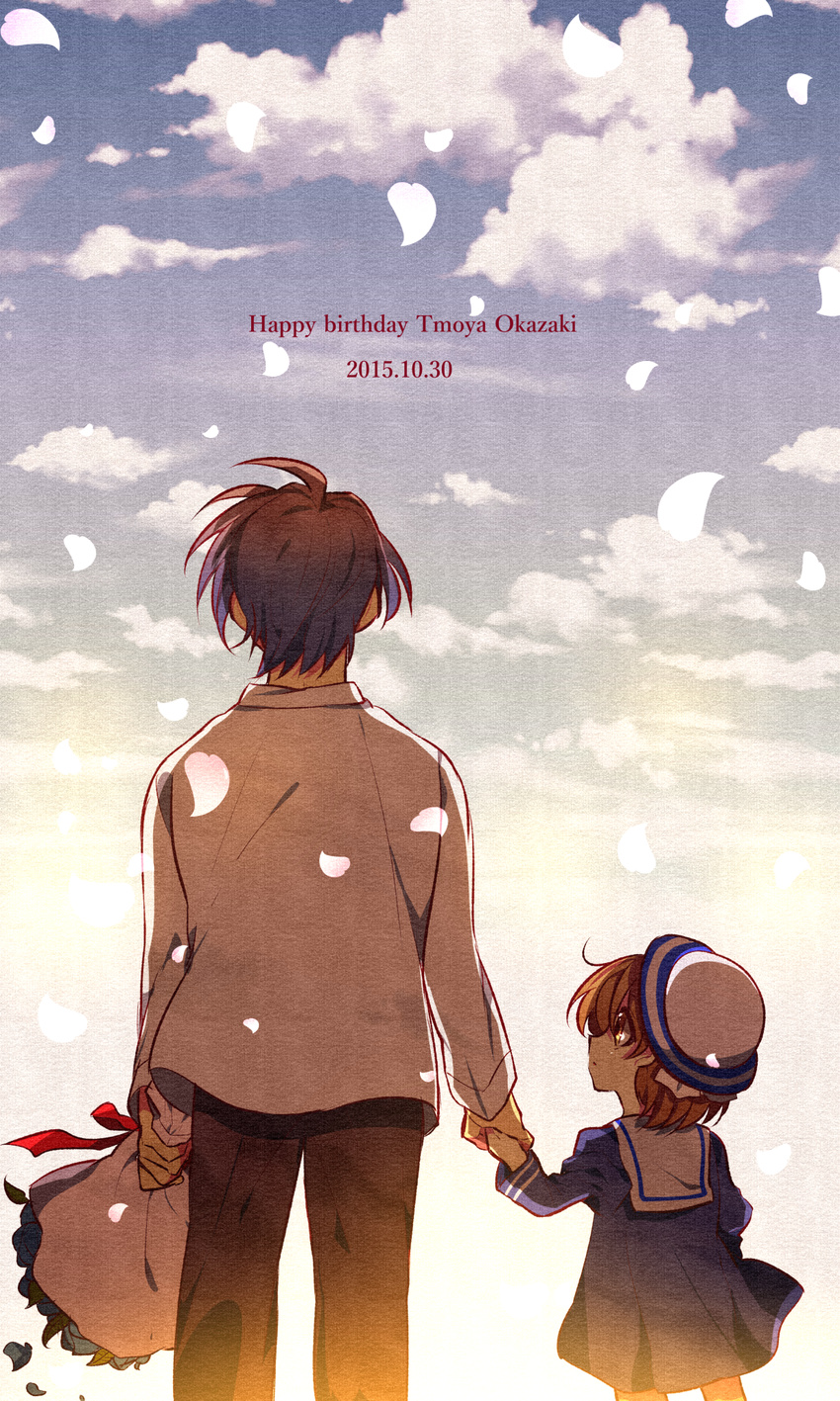 1girl brown_eyes brown_hair clannad father_and_daughter happy_birthday highres holding_hands okazaki_tomoya okazaki_ushio school_uniform shiroto_iku short_hair