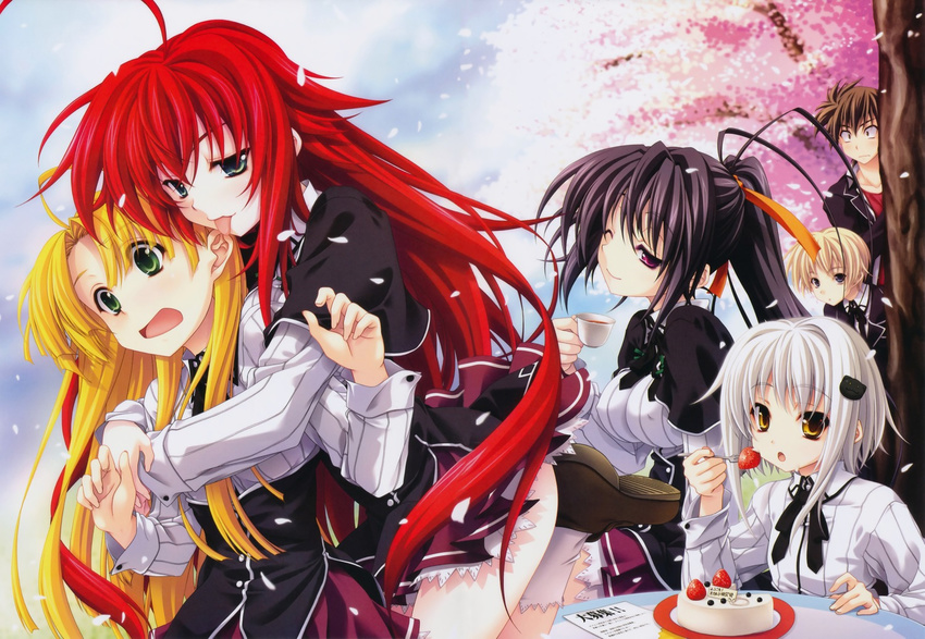 4girls ahoge asia_argento black_hair blonde_hair breasts cake cat_hair_ornament cherry_blossoms food fork fruit green_eyes hair_ornament hair_ribbon high_school_dxd himejima_akeno hyoudou_issei kiba_yuuto kuoh_academy_school_uniform long_hair medium_breasts miyama-zero multiple_boys multiple_girls official_art one_eye_closed purple_eyes red_eyes rias_gremory ribbon school_uniform short_hair strawberry toujou_koneko yellow_eyes