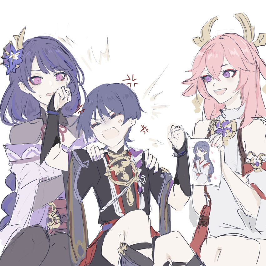 1boy 2girls anger_vein animal_ears annoyed armor arms_up artist_name black_bodysuit black_hair black_kimono black_sleeves black_thighhighs blunt_bangs blunt_ends bodysuit bridal_gauntlets clenched_hands closed_eyes crossed_bangs detached_sleeves eyelashes eyeliner eyeshadow fan_hair_ornament flailing flower fox_ears furisode genshin_impact gold gold_trim grey_bridal_gauntlets grey_leggings grey_shrug grey_sleeves hair_flower hair_ornament hands_on_another's_shoulders highres holding holding_photo japanese_armor japanese_clothes jewelry juban kimono kote kurokote layered_sleeves leggings long_hair looking_at_another low-braided_long_hair low-tied_long_hair makeup mandarin_collar mitsudomoe_(shape) mole mole_under_eye mother_and_son multiple_girls neck_ring nontraditional_miko obi off_shoulder open_mouth partially_shaded_face photo_(object) pink_hair purple_flower purple_kimono purple_nails purple_rope purple_sleeves raiden_shogun red_eyeliner red_eyeshadow red_kimono red_sash red_skirt rope sash scaramouche_(genshin_impact) sgm618 shimenawa shrug_(clothing) sitting sketch skirt sweat sweatdrop swept_bangs tassel teeth thighhighs tomoe_(symbol) tsurime upper_teeth_only white_background white_kimono white_rope white_sleeves wispy_bangs yae_miko