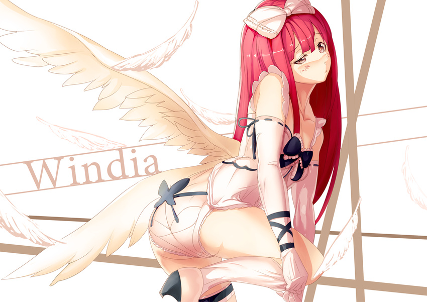 angel_wings ass bare_shoulders bow breasts character_name deathsmiles elbow_gloves ere_(2516325) gloves hair_bow high_heels red_eyes red_hair small_breasts solo thighs windia_(deathsmiles) wings