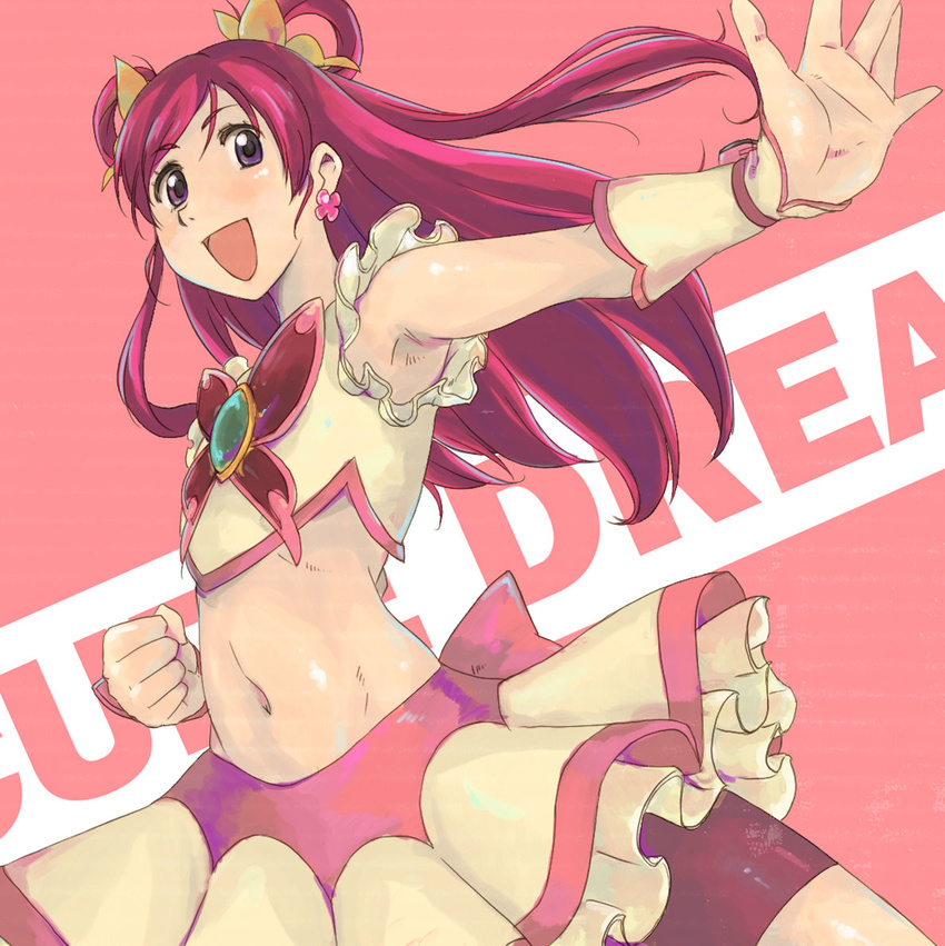 bike_shorts cure_dream elk115 hair_ornament hair_rings jewelry long_hair magical_girl midriff navel open_mouth outstretched_arm outstretched_hand pink_eyes pink_hair pink_shorts precure shorts shorts_under_skirt skirt smile solo yes!_precure_5 yumehara_nozomi