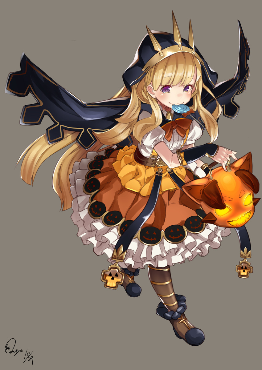 absurdres animal_ears bad_revision baicha belt blonde_hair cagliostro_(granblue_fantasy) candy cat_ears downscaled_revision food gauntlets granblue_fantasy highres hood jack-o'-lantern lollipop long_hair md5_mismatch mouth_hold puffy_short_sleeves puffy_sleeves purple_eyes shirt short_sleeves skirt solo very_long_hair