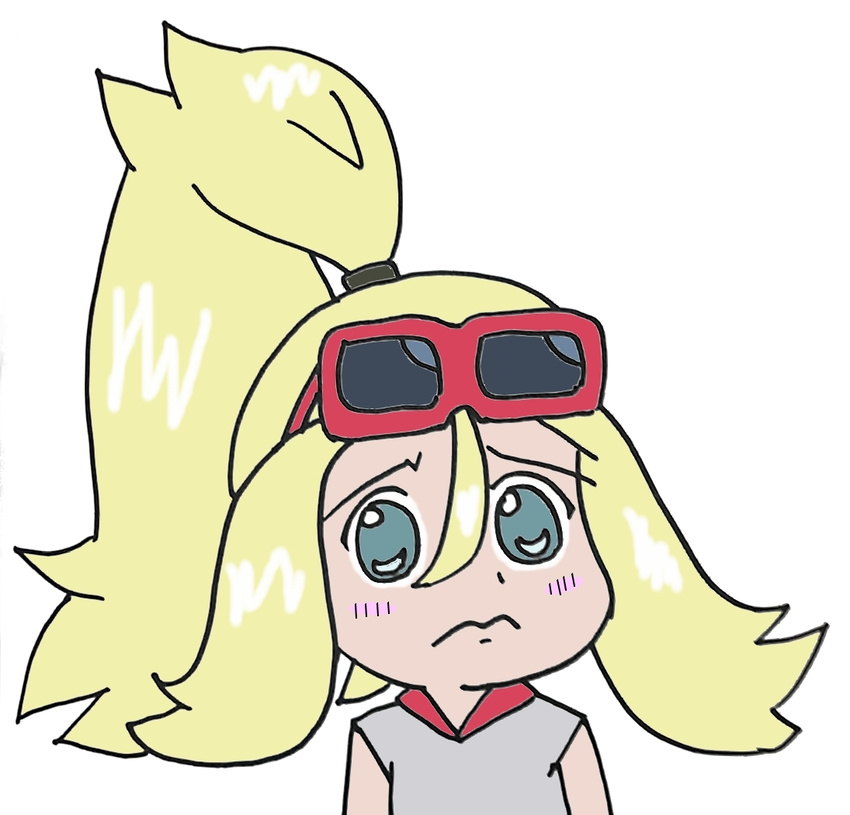 3: blonde_hair blue_eyes blush chinese_commentary closed_mouth commentary_request dot_nose eyewear_on_head flat_color frown gyate_gyate koruni_(pokemon) partial_commentary pokemon pokemon_(anime) pokemon_xy_(anime) solo sunglasses