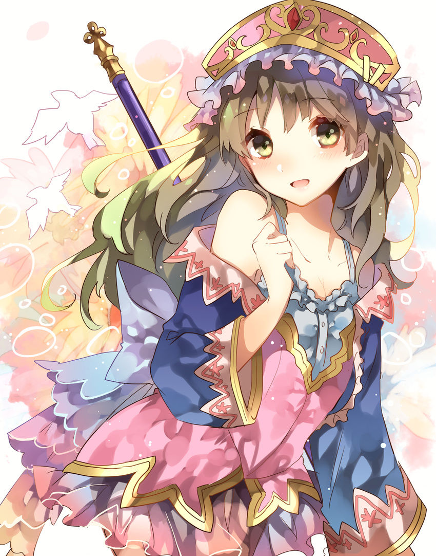 atelier_(series) atelier_totori back_bow bad_id bad_pixiv_id blue_sleeves bow brown_hair dress hat highres long_hair smile solo staff sweetroad totooria_helmold