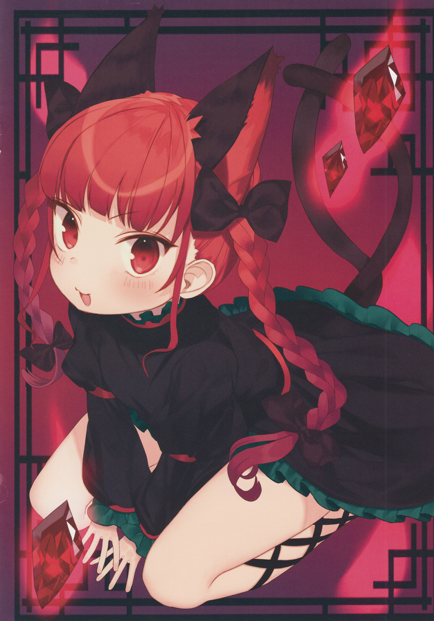 absurdres animal_ears blush bow braid cat_ears cat_tail dress extra_ears frills gradient gradient_background hair_bow hair_ornament highres huge_filesize kaenbyou_rin leg_ribbon long_hair long_sleeves looking_at_viewer misoni_comi multiple_tails open_mouth puffy_sleeves pyrope red_eyes red_hair ribbon scan sitting smile solo tail touhou twin_braids