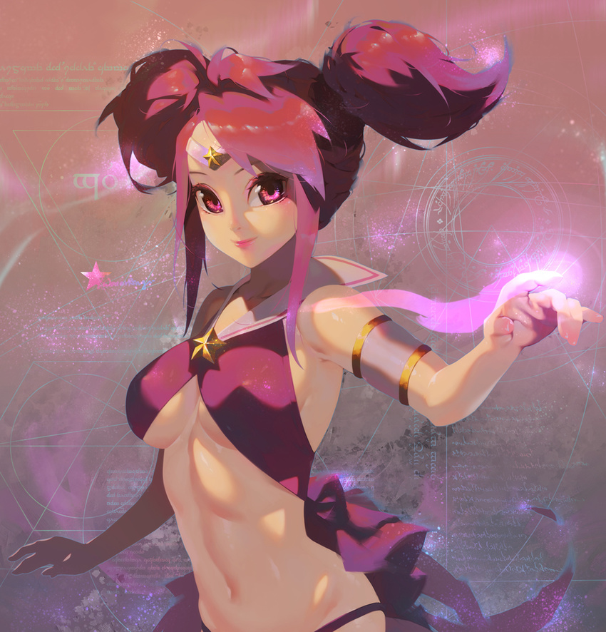 alternate_costume breasts cleavage highres league_of_legends long_hair luxanna_crownguard magic_circle medium_breasts midriff navel no_bra pink_eyes pink_hair smile solo star star_guardian_lux twintails underboob waterring