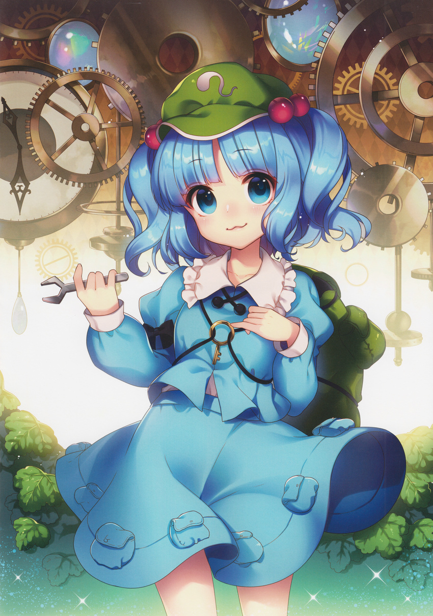 :3 absurdres backpack bag blue_eyes blue_hair blush hair_bobbles hair_ornament hat highres huge_filesize kawashiro_nitori key long_sleeves looking_at_viewer masaru.jp opal scan shirt skirt skirt_set smile solo sparkle string touhou twintails two_side_up vest wrench