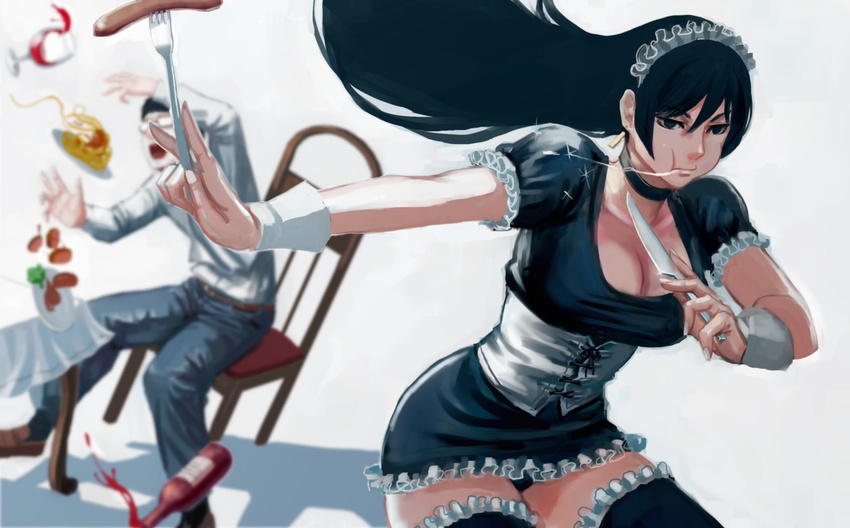 1girl alcohol black_hair bottle commentary_request cup drinking_glass eating food food_theft fork glasses jittsu knife maid original saliva sausage thighhighs wine wine_bottle wine_glass