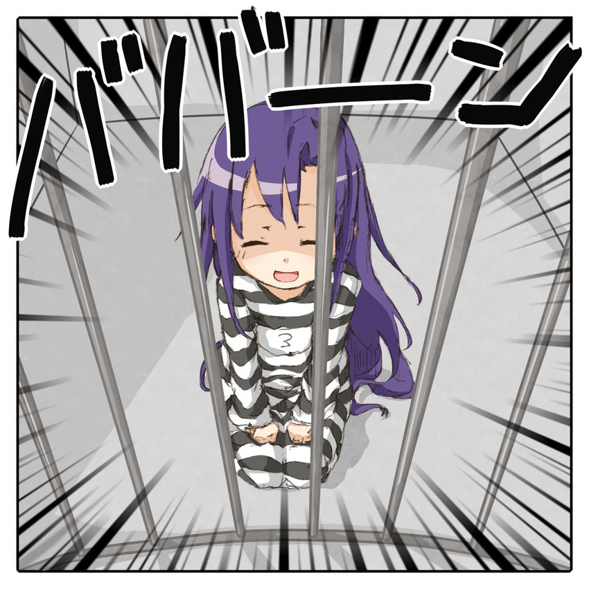 closed_eyes commentary emphasis_lines forced_smile goshiki_agiri hands_on_lap highres in_cell kill_me_baby long_hair prison_cell prison_clothes purple_hair seiza sitting sketch solo yatsu_(ikikomore)