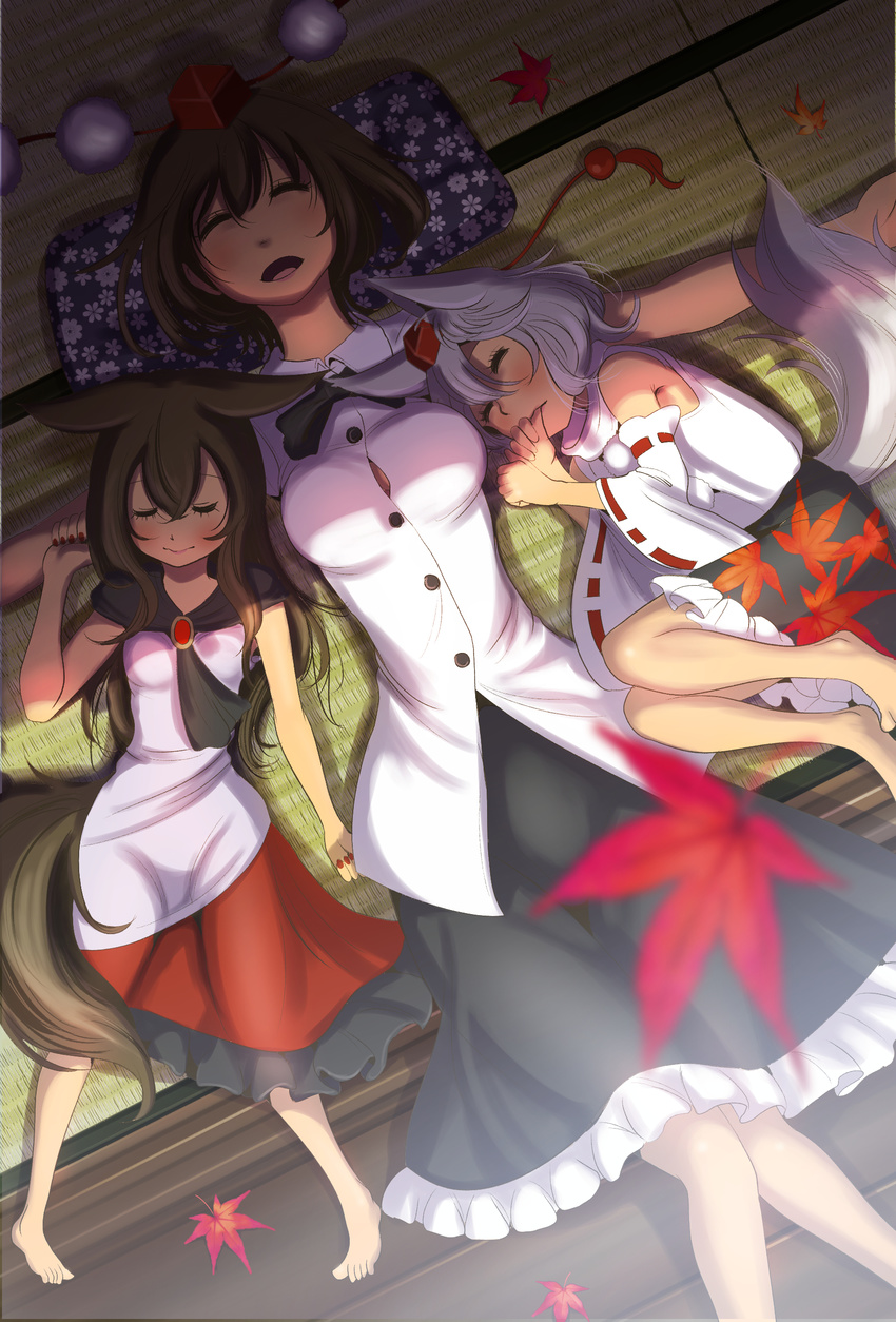 absurdres animal_ears autumn_leaves bangs barefoot black_skirt blurry blush breasts brooch brown_hair closed_eyes collared_shirt depth_of_field detached_sleeves dress floral_print frilled_dress frilled_skirt frills grey_hair hair_between_eyes happy hat highres imaizumi_kagerou indoors inubashiri_momiji jewelry knees_together_feet_apart kouji_oota leaf_print legs long_hair long_skirt lying medium_breasts multiple_girls nail_polish on_back on_side open_mouth outstretched_arms perspective pillow pom_pom_(clothes) red_dress red_nails ribbon ribbon-trimmed_sleeves ribbon_trim shameimaru_aya shirt short_hair skirt sleeping sleeping_on_person sleeveless small_breasts sunlight tail tatami thumb_sucking toes tokin_hat touhou untucked_shirt white_dress wolf_ears wolf_tail younger