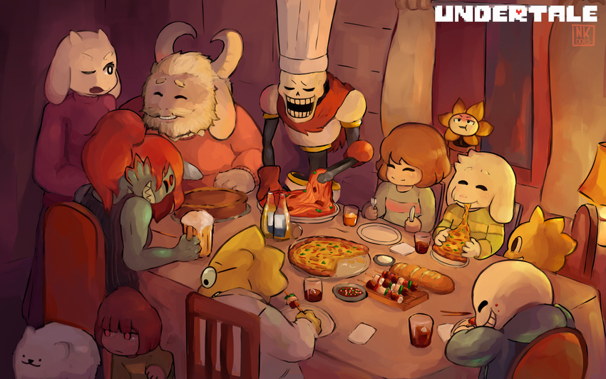 3girls 4boys :d ^_^ alcohol alphys androgynous animal_ears annoying_dog armor asgore_dreemurr asriel_dreemurr baguette beard beer blonde_hair bread brown_hair caribun chara_(undertale) chef_hat closed_eyes copyright_name dinner dog eating everyone facial_hair flowey_(undertale) food frisk_(undertale) goat_ears goat_girl grin hat highres hood hoodie horns kebab md5_mismatch monster_boy monster_girl monster_kid_(undertale) multiple_boys multiple_girls multiple_others napkin one_eye_closed open_mouth oven_mitts papyrus_(undertale) pasta pie pizza ponytail red_eyes red_hair resized sans scarf shirt sitting skewer smile spaghetti spoilers striped striped_shirt sweater time_paradox tongs toriel under_table undertale undyne upscaled