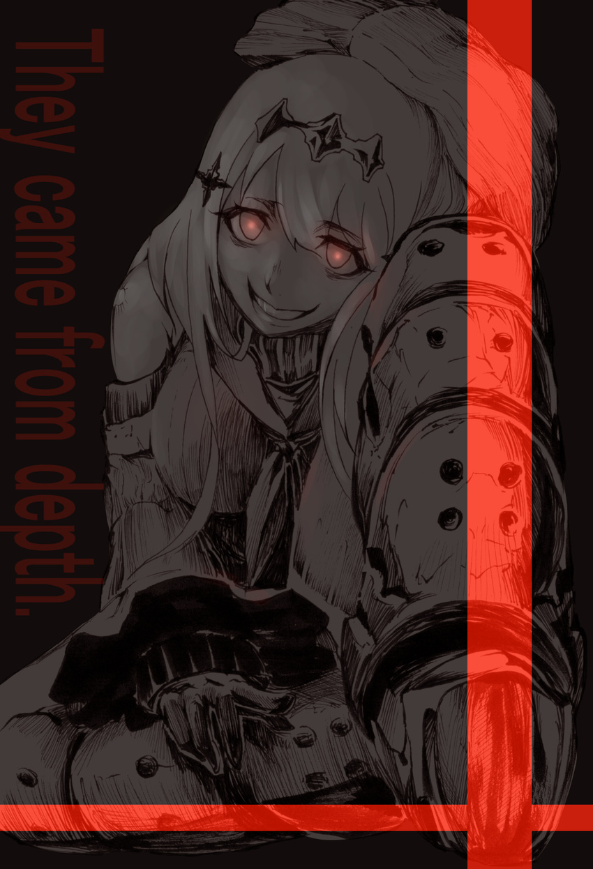aircraft_carrier_water_oni breasts engrish glowing glowing_eyes grin highres kantai_collection kouba_nobu large_breasts looking_at_viewer ranguage red_eyes shinkaisei-kan smile solo