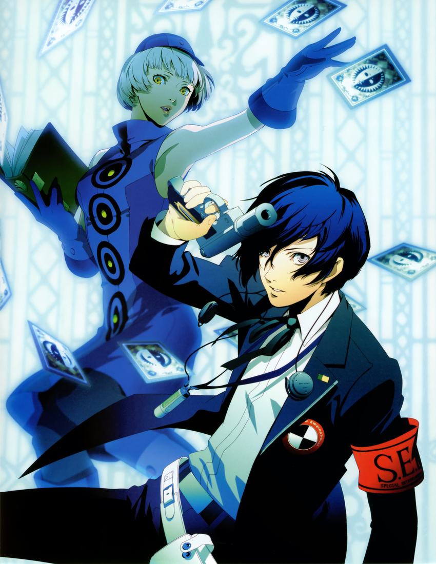 1girl absurdres armband blue_hair book elizabeth_(persona) evoker gloves hat headphones highres pantyhose persona persona_3 persona_3_portable scan short_hair soejima_shigenori velvet_room weapon white_hair yellow_eyes yuuki_makoto