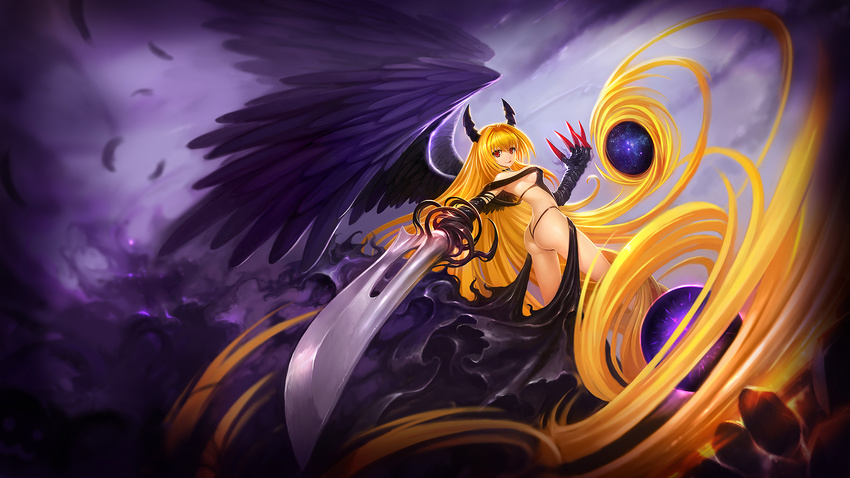 :q absurdly_long_hair arched_back ass bangs black_panties blonde_hair choker claw_(weapon) closed_mouth dual_wielding feathered_wings feathers frills highleg highleg_panties highres holding horns konjiki_no_yami long_hair looking_at_viewer off_shoulder panties purple_wings red_eyes revealing_clothes smile smoke solo space sword to_love-ru to_love-ru_darkness tongue tongue_out underwear very_long_hair weapon wings zhuore_zhi_hen