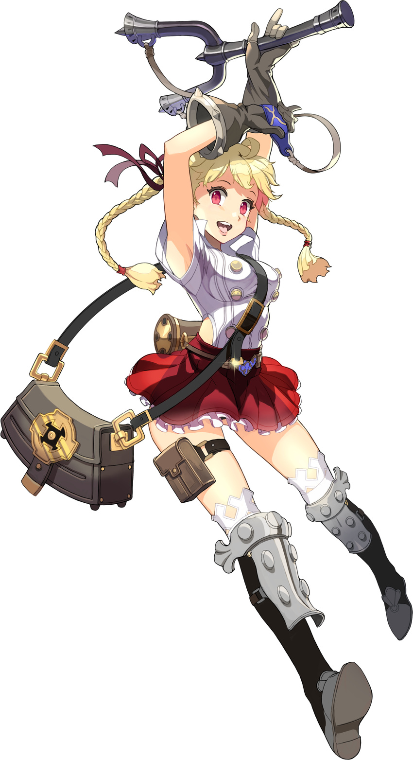 absurdres albion_senki arms_up artist_request bag blonde_hair boots braid floating_hair full_body gloves hair_ribbon highres holding holster kneehighs layered_skirt lorien_(albion_senki) open_mouth red_eyes ribbon short_sleeves shoulder_bag slingshot solo thigh_holster transparent_background twin_braids