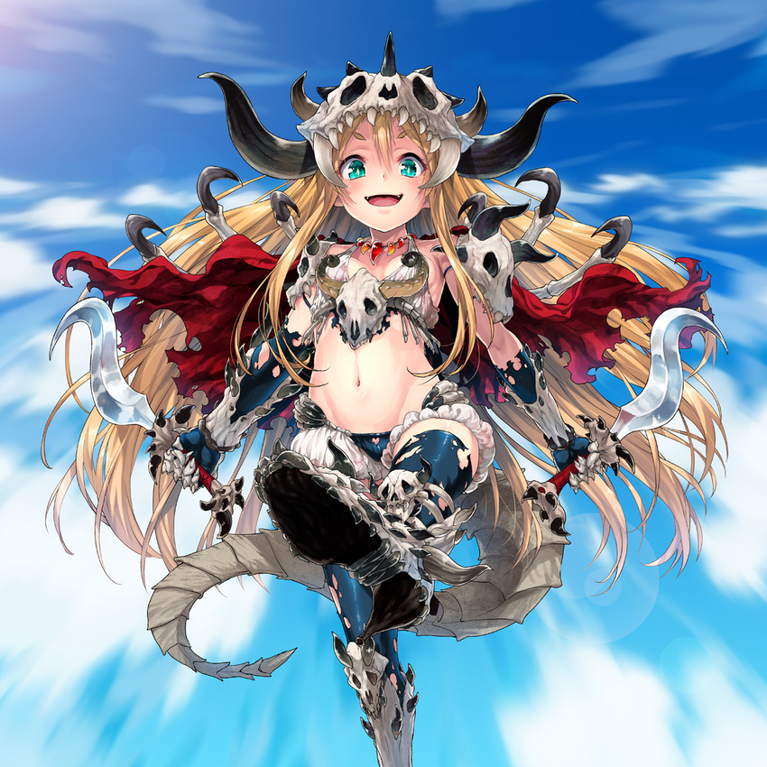 blonde_hair blush boots character_request commentary_request copyright_request crotch_cutout dual_wielding fangs gloves green_eyes heart_cutout highres holding jewelry knife long_hair looking_at_viewer magatama navel necklace open_mouth shirane_taito skull_helmet smile solo tail thighhighs