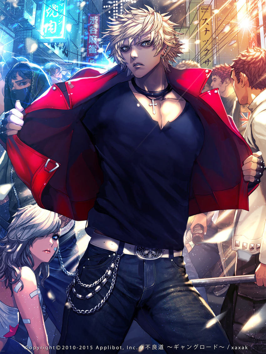6+boys angry blonde_hair blue_eyes chain earrings fingerless_gloves furyou_michi_~gang_road~ gloves highres jacket jewelry long_hair md5_mismatch multiple_boys necklace one_eye_covered open_clothes open_jacket pants red_jacket short_hair xaxak yellow_eyes