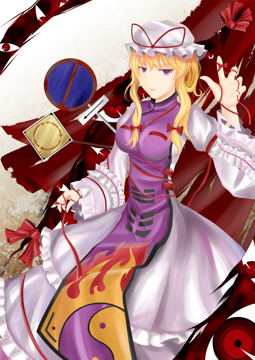 blonde_hair bow breasts curtains dress error flame_print frilled_dress frills gap hair_bow hair_up hat hat_ribbon highres hiro0626 looking_at_viewer mob_cap parted_lips purple_eyes red_eyes ribbon ripping sidelocks sign smile solo tabard touhou white_dress yakumo_yukari yin_yang